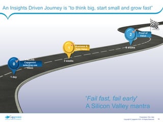 15Copyright © Capgemini 2015. All Rights Reserved
Presentation Title | Date
PALLAS-
Capgemini
selecting use
cases
0
1 day
Business &
Data Value1
3 weeks
Proof of
Value2
8 weeks
'Fail fast, fail early'
A Silicon Valley mantra
An Insights Driven Journey is “to think big, start small and grow fast”
 