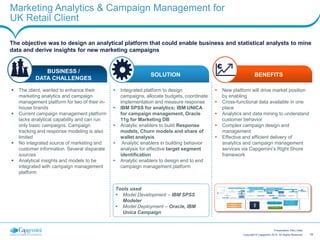 16Copyright © Capgemini 2015. All Rights Reserved
Presentation Title | Date
Marketing Analytics & Campaign Management for
UK Retail Client
The objective was to design an analytical platform that could enable business and statistical analysts to mine
data and derive insights for new marketing campaigns
 New platform will drive market position
by enabling
 Cross-functional data available in one
place
 Analytics and data mining to understand
customer behavior
 Complex campaign design and
management
 Effective and efficient delivery of
analytics and campaign management
services via Capgemini’s Right Shore
framework
 The client, wanted to enhance their
marketing analytics and campaign
management platform for two of their in-
house brands
 Current campaign management platform
lacks analytical capability and can run
only basic campaigns. Campaign
tracking and response modeling is also
limited
 No integrated source of marketing and
customer information. Several disparate
sources
 Analytical insights and models to be
integrated with campaign management
platform
 Integrated platform to design
campaigns, allocate budgets, coordinate
implementation and measure response
 IBM SPSS for analytics; IBM UNICA
for campaign management, Oracle
11g for Marketing DB
 Analytic enablers to build Response
models, Churn models and share of
wallet analysis
 Analytic enablers in building behavior
analysis for effective target segment
identification
 Analytic enablers to design end to end
campaign management platform
BUSINESS /
DATA CHALLENGES
SOLUTION BENEFITS
Tools used
 Model Development – IBM SPSS
Modeler
 Model Deployment – Oracle, IBM
Unica Campaign
High level architecture design for
the new environment
 