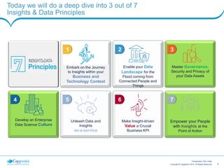 5Copyright © Capgemini 2015. All Rights Reserved
Presentation Title | Date
Today we will do a deep dive into 3 out of 7
Insights & Data Principles
Unleash Data and
Insights
as-a-service
Make Insight-driven
Value a Crucial
Business KPI
Empower your People
with Insights at the
Point of Action
Develop an Enterprise
Data Science Culture
Master Governance,
Security and Privacy of
your Data Assets
Enable your Data
Landscape for the
Flood coming from
Connected People and
Things
Embark on the Journey
to Insights within your
Business and
Technology Context
1 2 3
7654
 