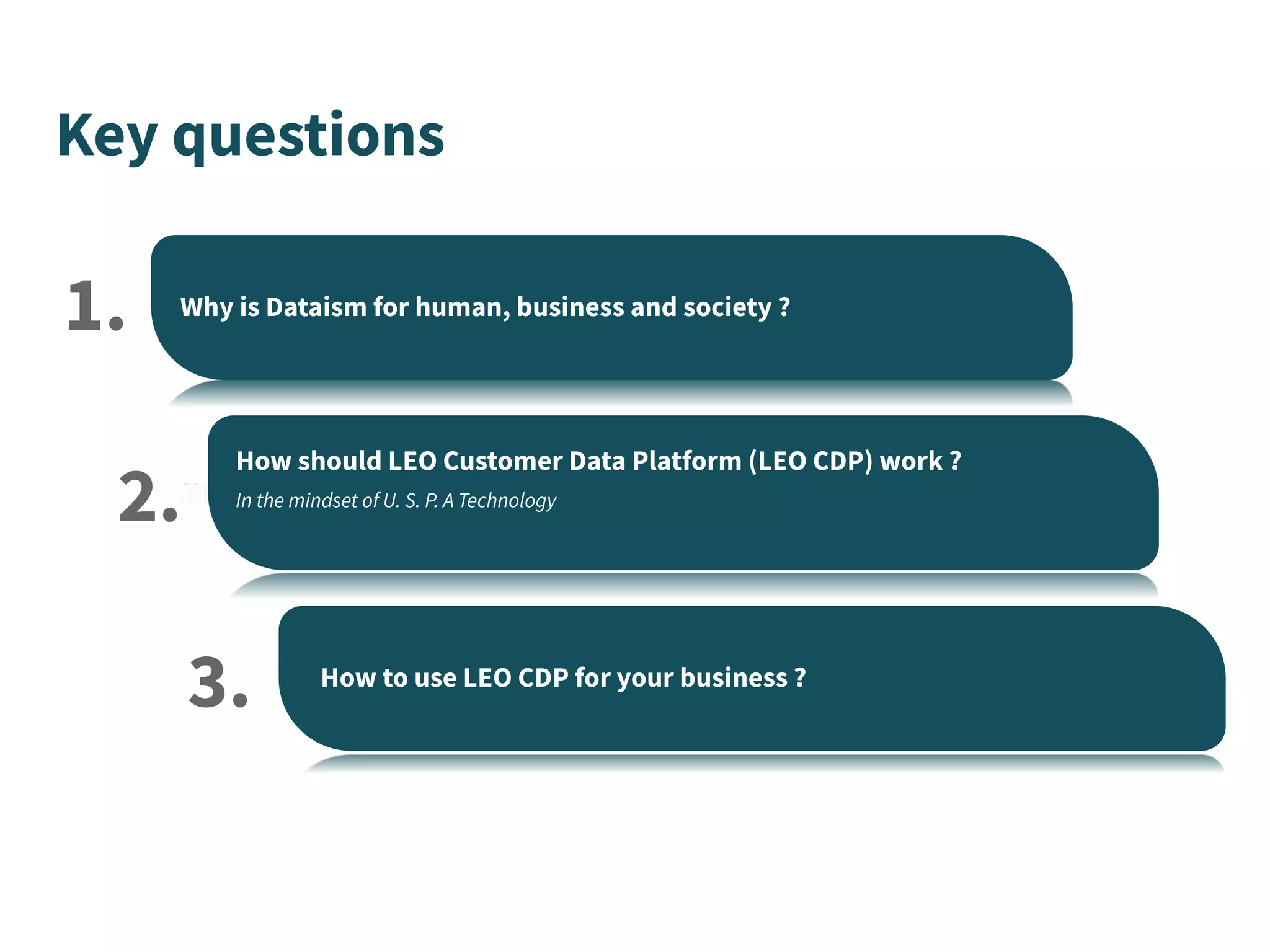 Key questions
Why is Dataism for human, business and society ?
How should LEO Customer Data Platform (LEO CDP) work ?
In the mindset of U. S. P. A Technology
How to use LEO CDP for your business ?
1.
2.
3.
 