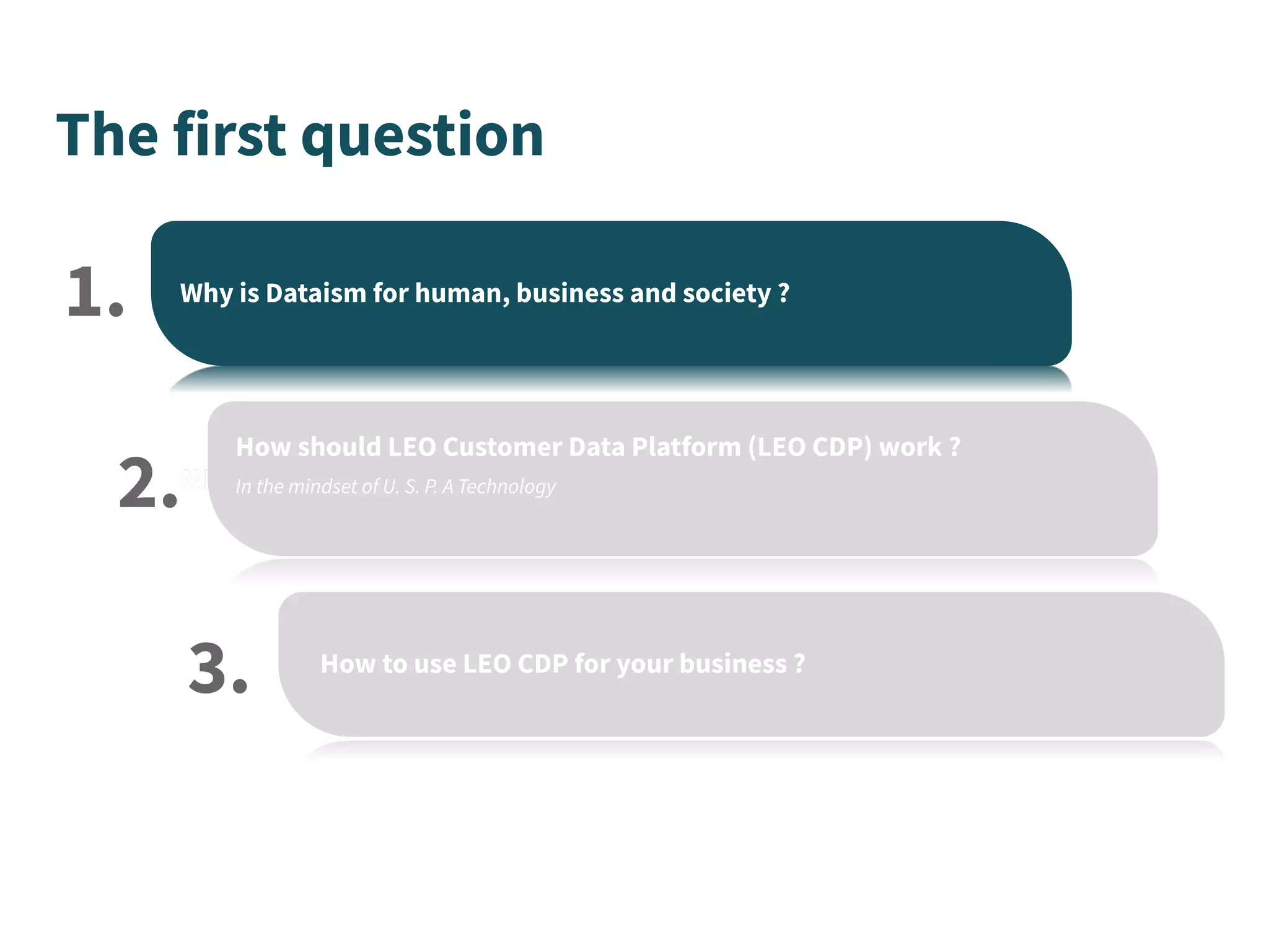 The first question
Why is Dataism for human, business and society ?
How should LEO Customer Data Platform (LEO CDP) work ?
In the mindset of U. S. P. A Technology
How to use LEO CDP for your business ?
1.
2.
3.
 