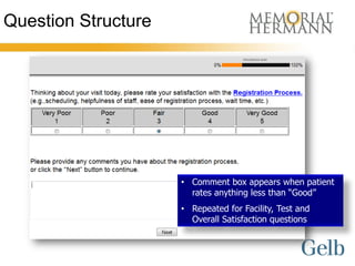 Question Structure




                     • Comment box appears when patient
                       rates anything less than “Good”
                     • Repeated for Facility, Test and
                       Overall Satisfaction questions
 
