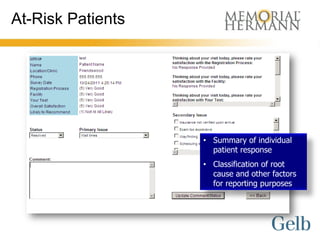 At-Risk Patients




                   • Summary of individual
                     patient response
                   • Classification of root
                     cause and other factors
                     for reporting purposes
 