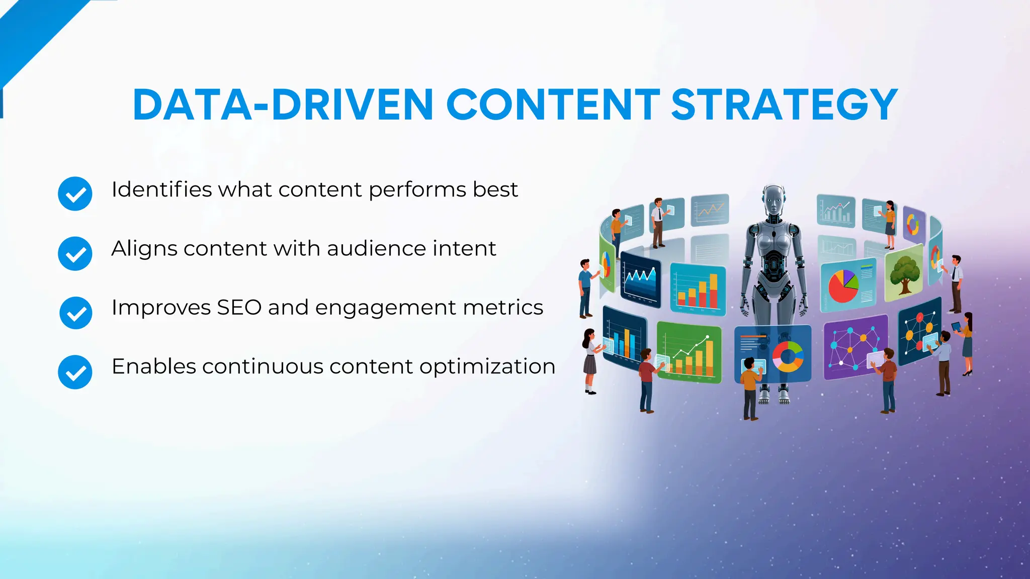 DATA-DRIVEN CONTENT STRATEGY
Identifies what content performs best
Aligns content with audience intent
Improves SEO and engagement metrics
Enables continuous content optimization
 