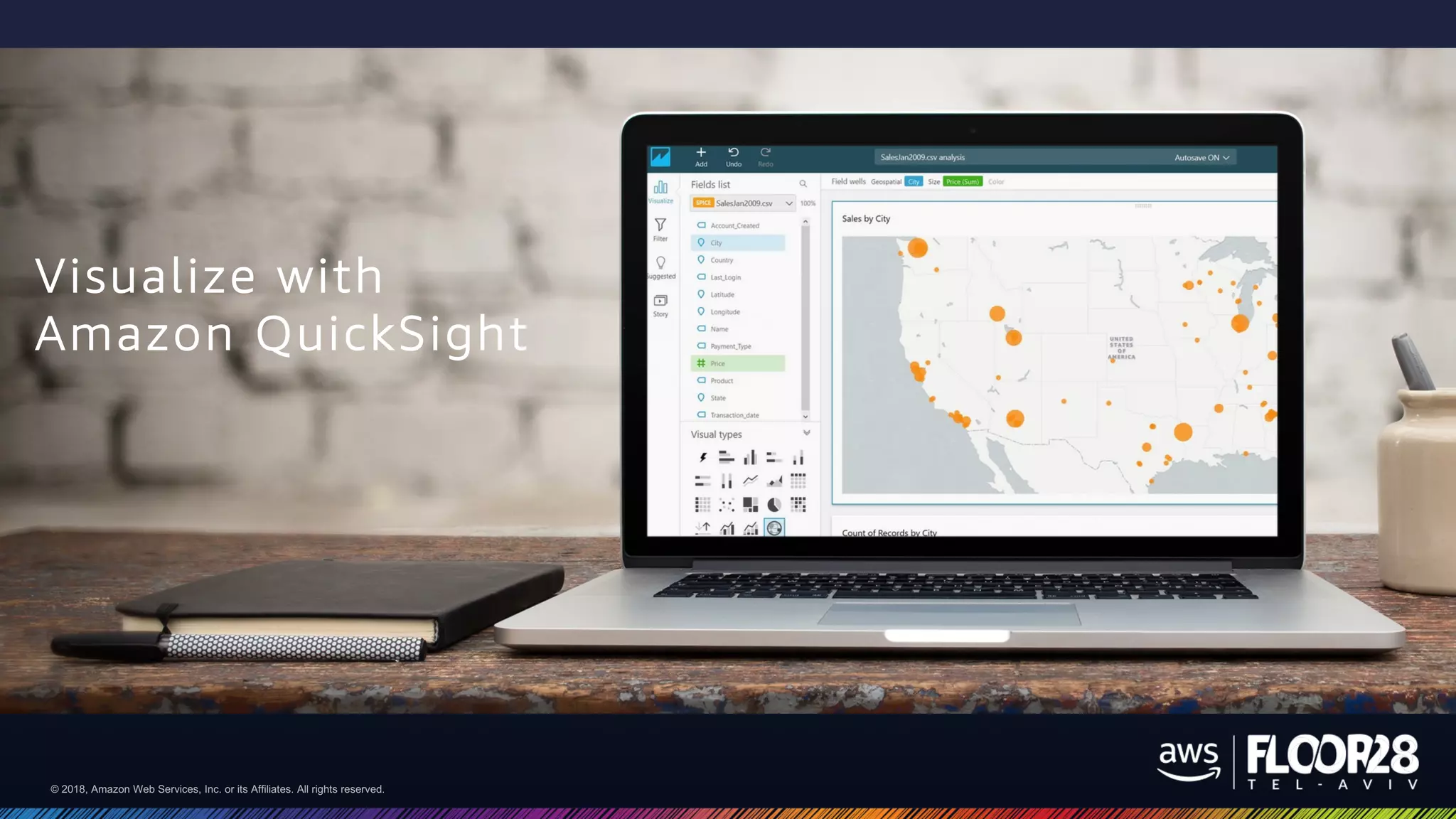 © 2018, Amazon Web Services, Inc. or its Affiliates. All rights reserved.© 2018, Amazon Web Services, Inc. or its Affiliates. All rights reserved.
Visualize with
Amazon QuickSight
 