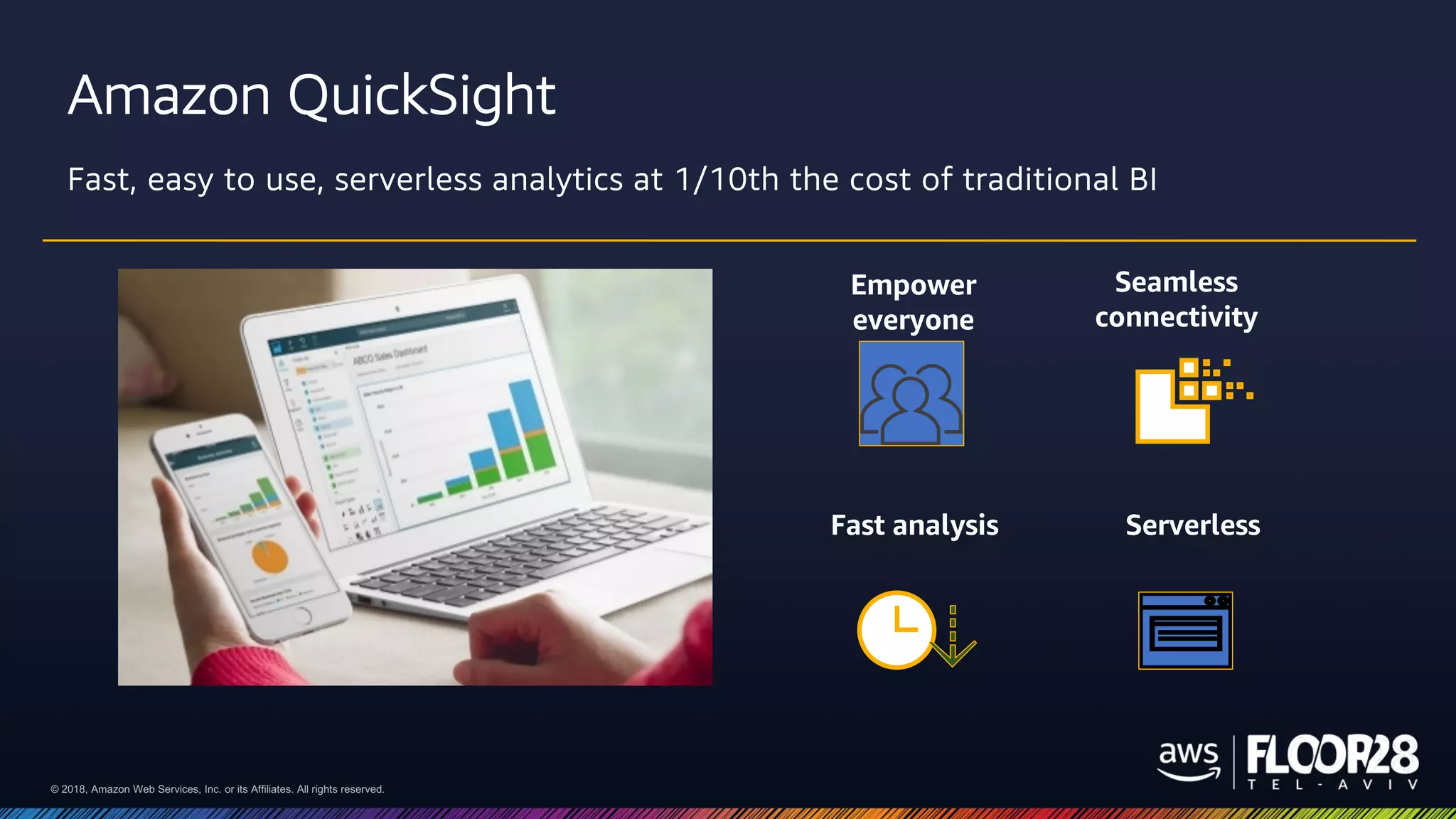 © 2018, Amazon Web Services, Inc. or its Affiliates. All rights reserved.© 2018, Amazon Web Services, Inc. or its Affiliates. All rights reserved.
Amazon QuickSight
Fast, easy to use, serverless analytics at 1/10th the cost of traditional BI
Empower
everyone
Seamless
connectivity
Fast analysis Serverless
 