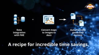 A recipe for incredible time savings.
Data
integration
with FME
Automatically
generated
content
+
Convert maps
to images t...