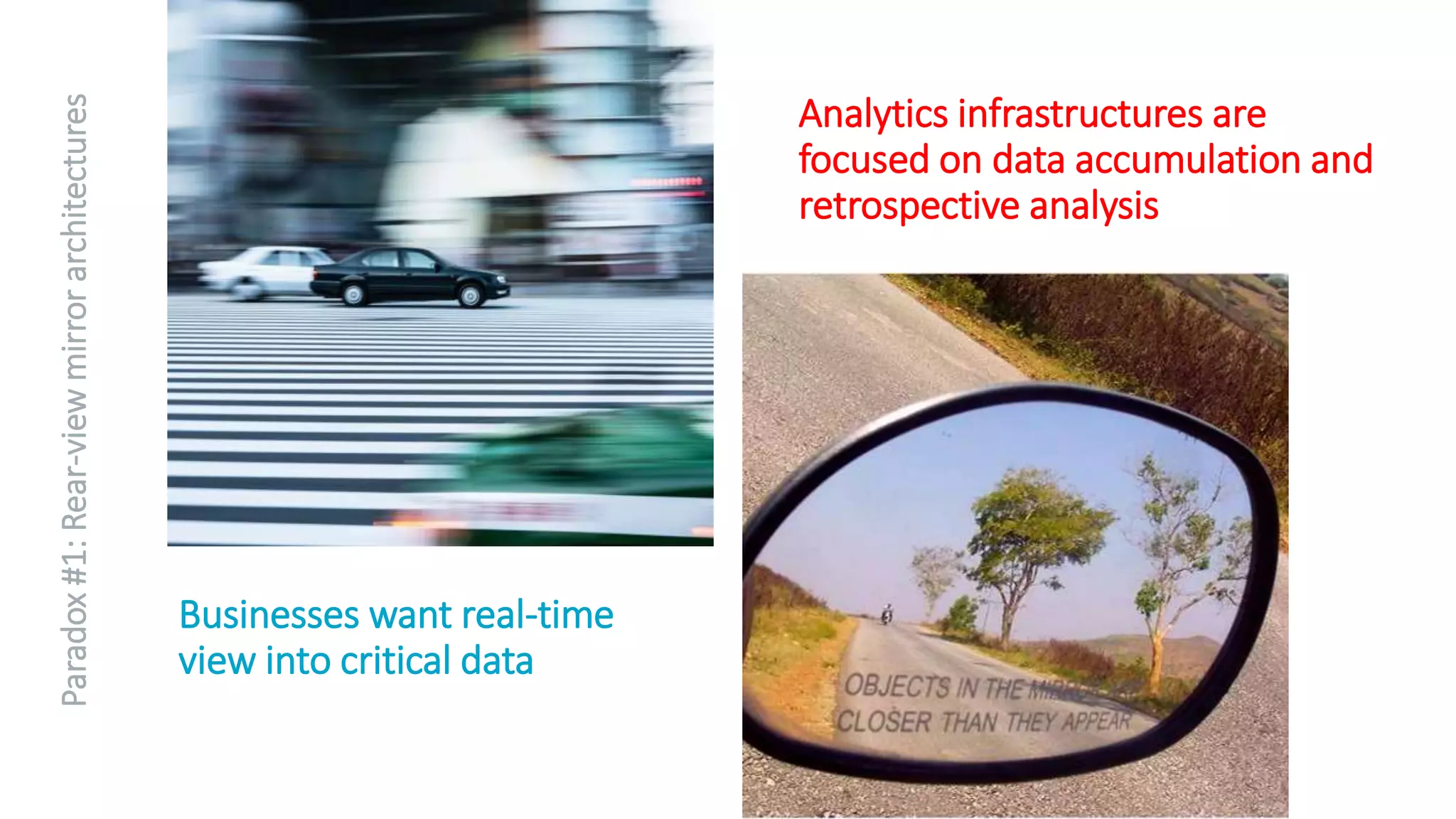 Businesses want real-time
view into critical data
Analytics infrastructures are
focused on data accumulation and
retrospective analysis
Paradox#1:Rear-viewmirrorarchitectures
 