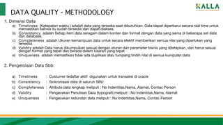 DATA QUALITY - METHODOLOGY
1. Dimensi Data
a) Timeliness (Ketepatan waktu ) adalah data yang tersedia saat dibutuhkan. Data dapat diperbarui secara real time untuk
memastikan bahwa itu sudah tersedia dan dapat diakses.
b) Consistency adalah Setiap item data seragam dalam konten dan format dengan data yang sama di beberapa set data
dan database.
c) Completeness adalah Ukuran kemampuan data untuk secara efektif memberikan semua nilai yang diperlukan yang
tersedia.
d) Validity adalah Data harus dikumpulkan sesuai dengan aturan dan parameter bisnis yang ditetapkan, dan harus sesuai
dengan format yang tepat dan berada dalam kisaran yang tepat
e) Uniqueness adalah memastikan tidak ada duplikasi atau tumpang tindih nilai di semua kumpulan data
2. Pengelolaan Data Sbb:
a) Timeliness : Custumer tedaftar aktif digunakan untuk transaksi di oracle
b) Consistency : Sinkronisasi data di seluruh SBU
c) Completeness : Atribute data lengkap meliputi : No Indentitas,Nama, Alamat, Contac Person
d) Validity : Pengecekan Penulisan Data (typografi) meliputi : No Indentitas,Nama, Alamat
e) Uniqueness : Pengecekan redundan data meliputi : No Indentitas,Nama, Contac Person
 