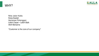 Nilai Jalan Kalla
Kerja Ibadah
Apresiasi Pelanggan
Lebih Cepat – Lebih Baik
Aktif Bersama
“Customer is the core of our company”
WHY?
 