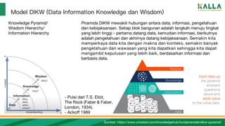 Model DIKW (Data Information Knowledge dan Wisdom)
Sumber: https://www.ontotext.com/knowledgehub/fundamentals/dikw-pyramid/
Piramida DIKW mewakili hubungan antara data, informasi, pengetahuan
dan kebijaksanaan. Setiap blok bangunan adalah langkah menuju tingkat
yang lebih tinggi - pertama datang data, kemudian informasi, berikutnya
adalah pengetahuan dan akhirnya datang kebijaksanaan. Semakin kita
memperkaya data kita dengan makna dan konteks, semakin banyak
pengetahuan dan wawasan yang kita dapatkan sehingga kita dapat
mengambil keputusan yang lebih baik, berdasarkan informasi dan
berbasis data.
Knowledge Pyramid/
Wisdom Hierarchy/
Information Hierarchy
- Puisi dari T.S. Eliot,
The Rock (Faber & Faber,
London, 1934).
- Ackoff 1989
 