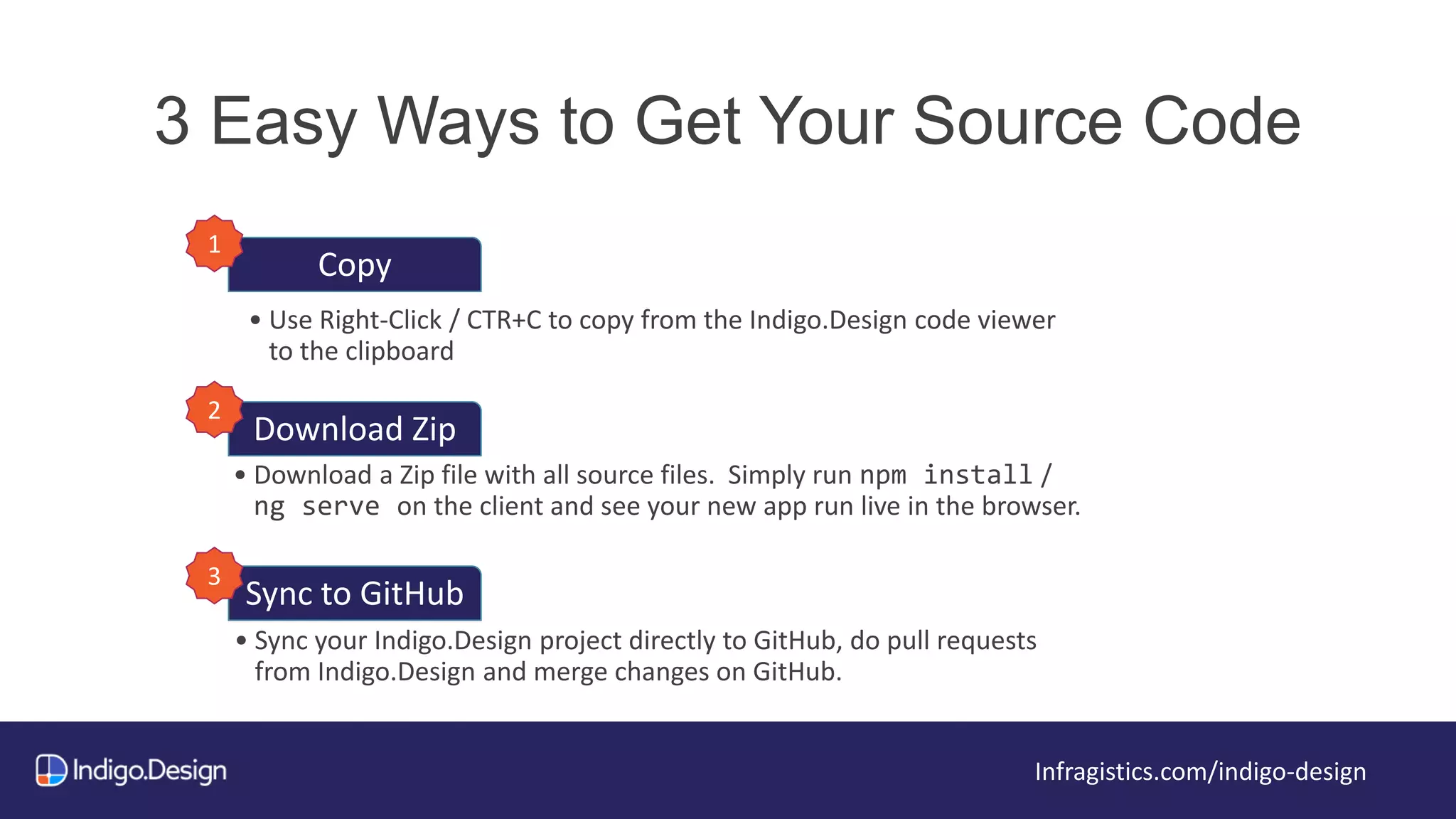 3 Easy Ways to Get Your Source Code
Infragistics.com/indigo-design
Copy
• Use Right-Click / CTR+C to copy from the Indigo.Design code viewer
to the clipboard
Download Zip
• Download a Zip file with all source files. Simply run npm install /
ng serve on the client and see your new app run live in the browser.
Sync to GitHub
• Sync your Indigo.Design project directly to GitHub, do pull requests
from Indigo.Design and merge changes on GitHub.
1
2
3
 