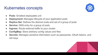 Kubernetes concepts
● Pods: Smallest deployable unit
● Deployment: Manages lifecycle of your application pods
● Replica Set: Defines the desired scale and set of a group of pods
● Service: DNS entry for a group of pods
● Ingress: Route external traffic to your cluster
● ConfigMap: Store arbitrary config values and files
● Secrets: Manages sensitive information such as passwords, OAuth tokens, and
ssh keys
 