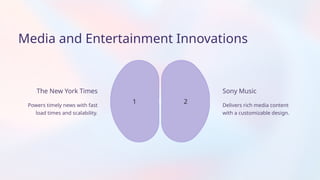 Delivers rich media content
with a customizable design.
Media and Entertainment Innovations
Sony Music
The New York Times
Powers timely news with fast
load times and scalability.
1 2
 