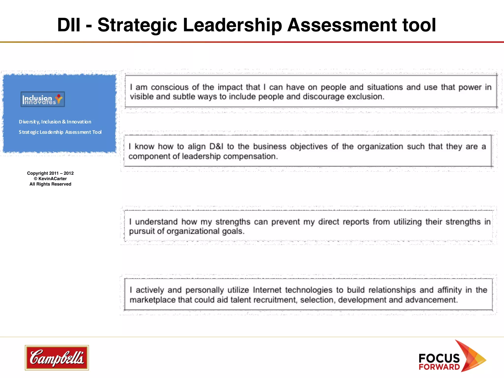 DII - Strategic Leadership Assessment tool




Copyright 2011 – 2012
   © KevinACarter
 All Rights Reserved
 
