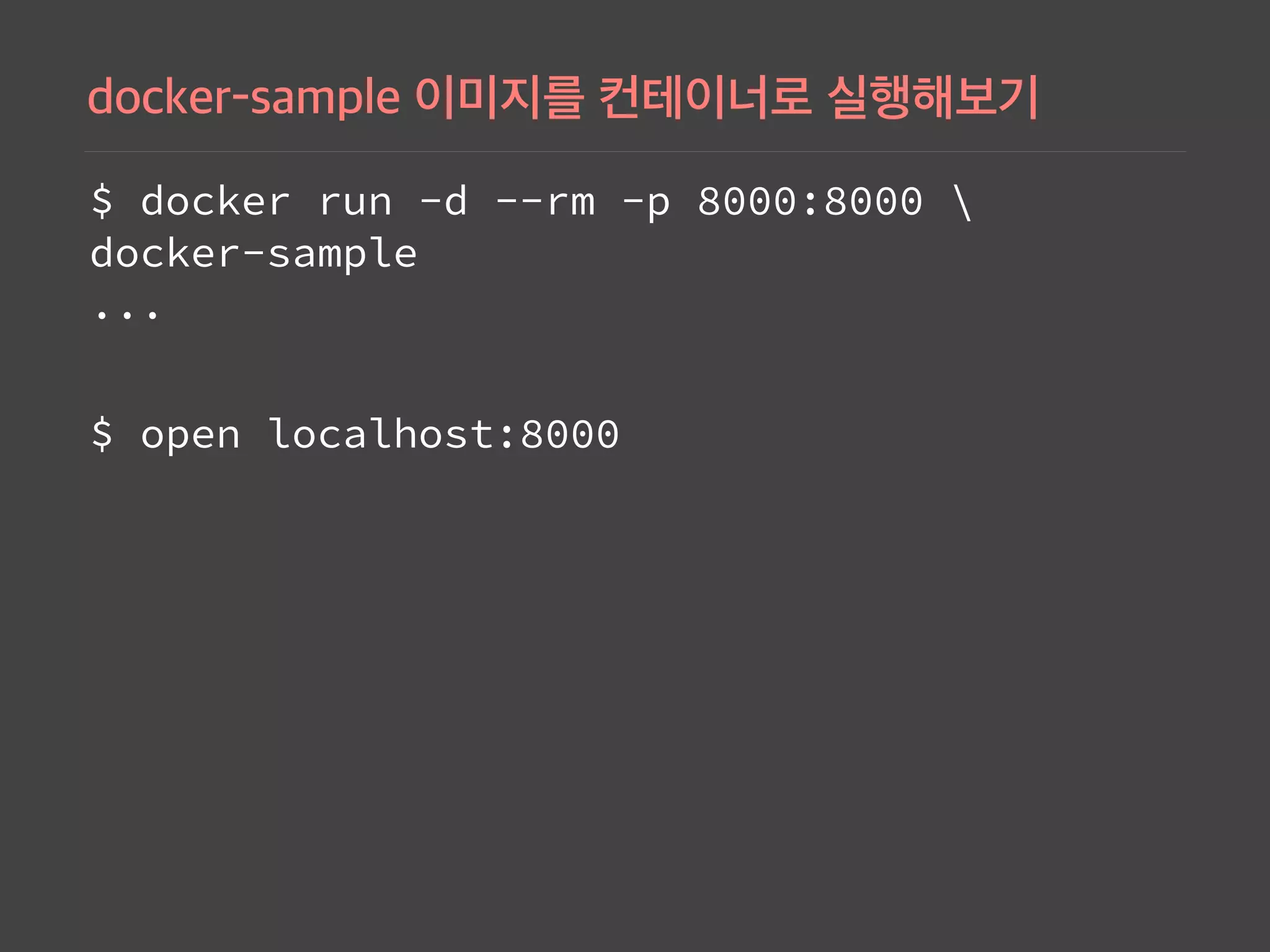 $ docker run -d --rm -p 8000:8000  
docker-sample 
... 
$ open localhost:8000
 