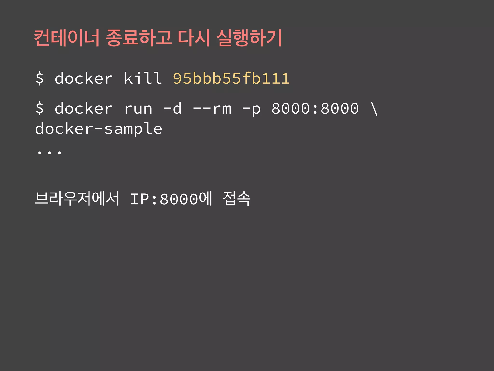 $ docker kill 95bbb55fb111
$ docker run -d --rm -p 8000:8000  
docker-sample 
... 
IP:8000
 