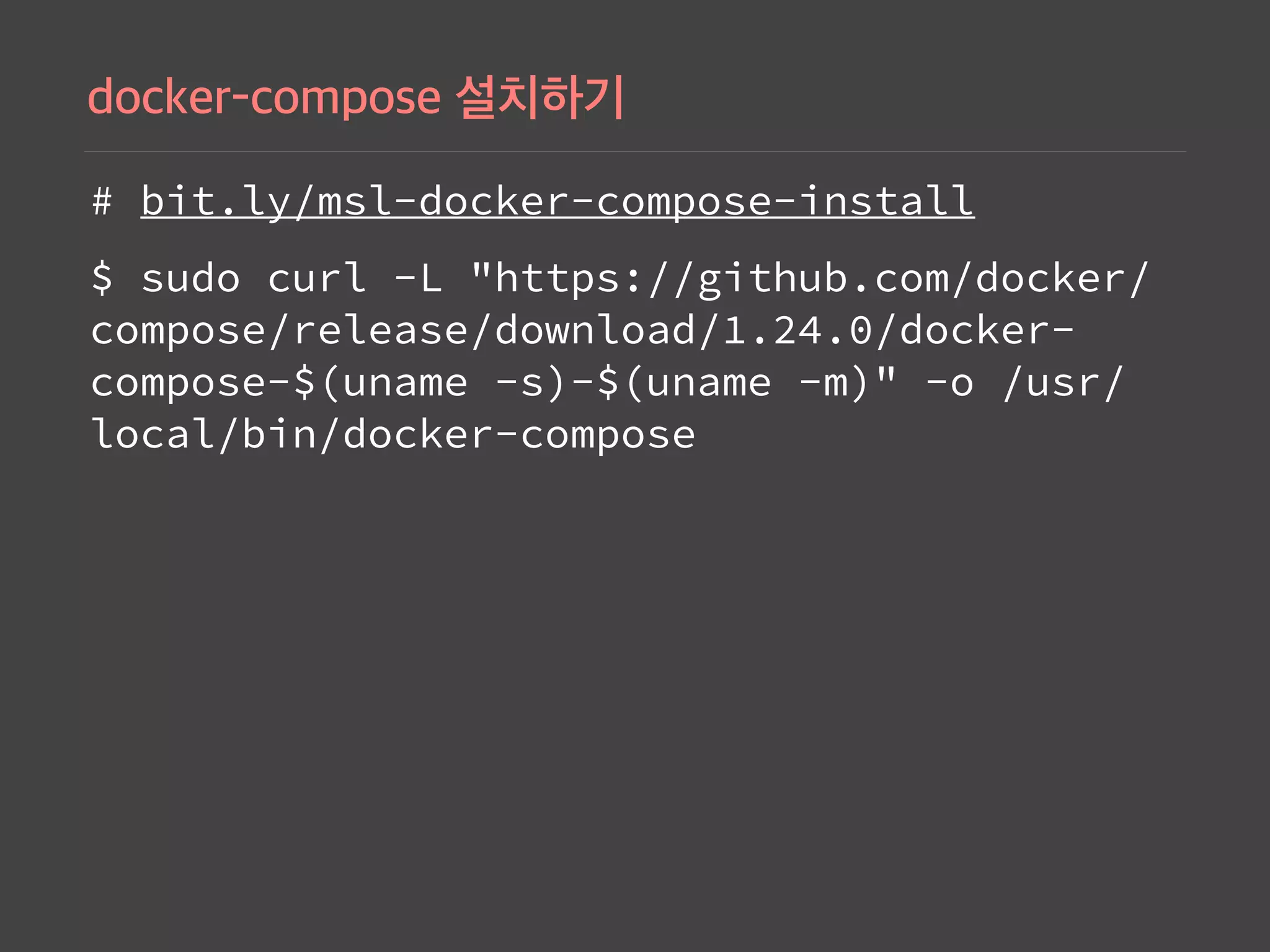 # bit.ly/msl-docker-compose-install
$ sudo curl -L "https://github.com/docker/
compose/release/download/1.24.0/docker-
compose-$(uname -s)-$(uname -m)" -o /usr/
local/bin/docker-compose
 