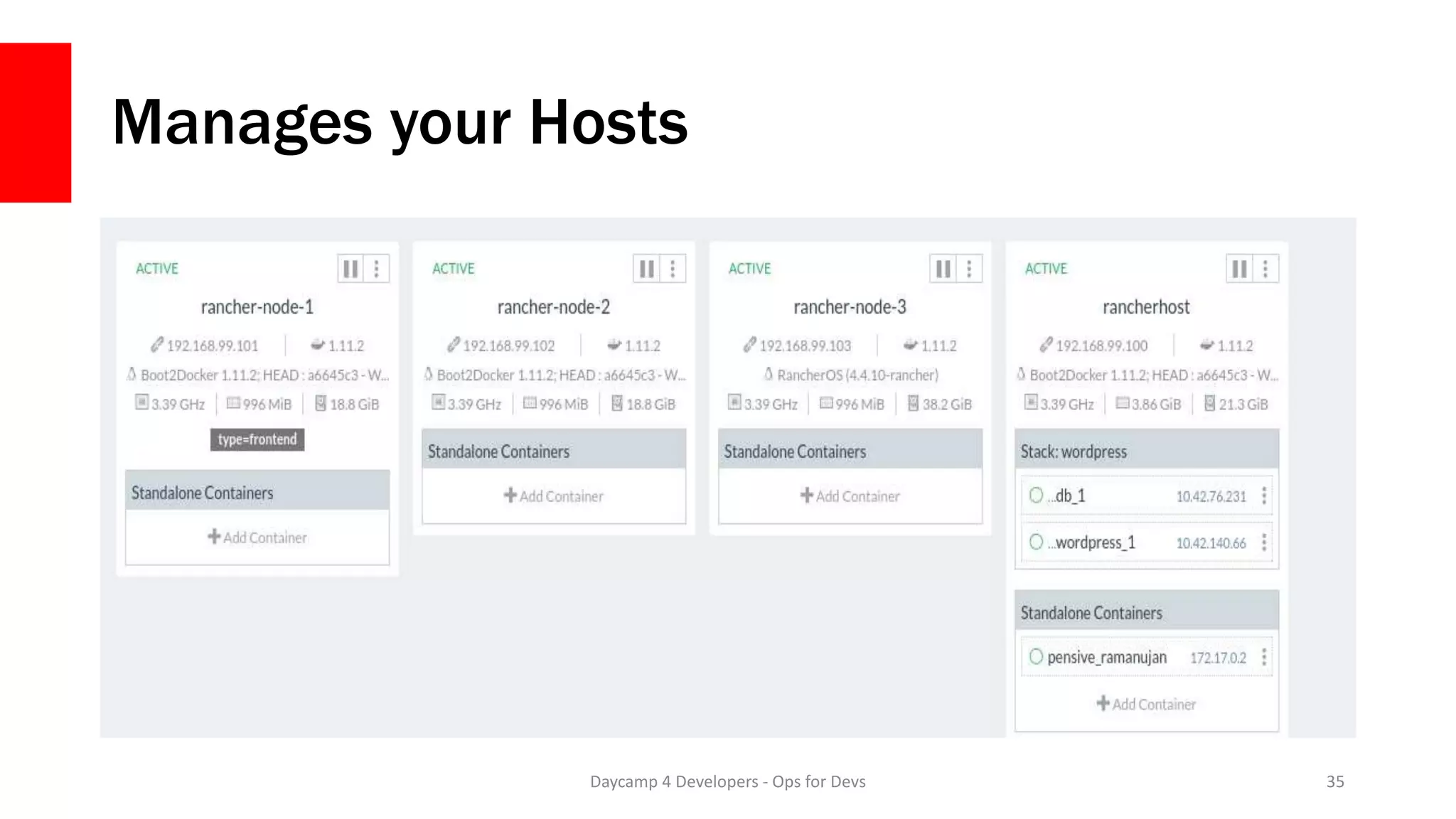 Manages your Hosts
Daycamp 4 Developers - Ops for Devs 35
 