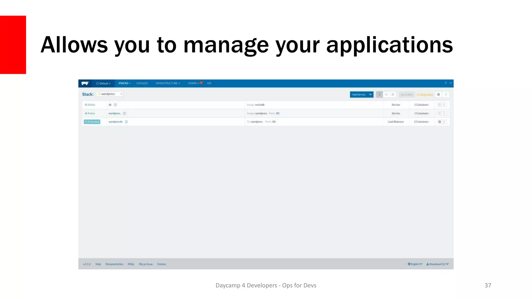 Allows you to manage your applications
Daycamp 4 Developers - Ops for Devs 37
 