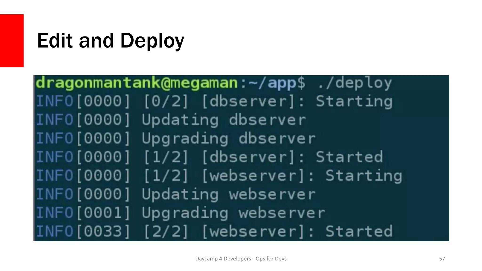 Edit and Deploy
Daycamp 4 Developers - Ops for Devs 57
 