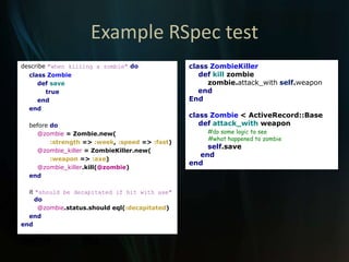 Example RSpec test<br />classZombieKiller<br />defkillzombie<br />zombie.attack_withself.weapon<br />end<br />End<br />cla...