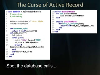 The Curse of Active Record<br />1 classSession<ActiveRecord::Base<br />2     # name > string<br />3     # code > string<br...