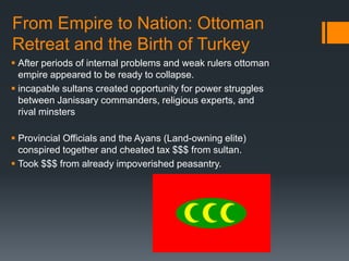 From Empire to Nation: Ottoman
Retreat and the Birth of Turkey
 After periods of internal problems and weak rulers ottoman
  empire appeared to be ready to collapse.
 incapable sultans created opportunity for power struggles
  between Janissary commanders, religious experts, and
  rival minsters

 Provincial Officials and the Ayans (Land-owning elite)
  conspired together and cheated tax $$$ from sultan.
 Took $$$ from already impoverished peasantry.
 