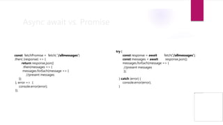 Async await vs. Promise
const fetchPromise = fetch( '/allmessages')
.then( (response) => {
return response.json()
.then(messages => {
messages.forEach(message => {
//present messages
});
}, error => {
console.error(error);
});
try {
const response = await fetch('/allmessages');
const messages = await response.json();
messages.forEach(message => {
//present messages
});
} catch (error) {
console.error(error);
}
 