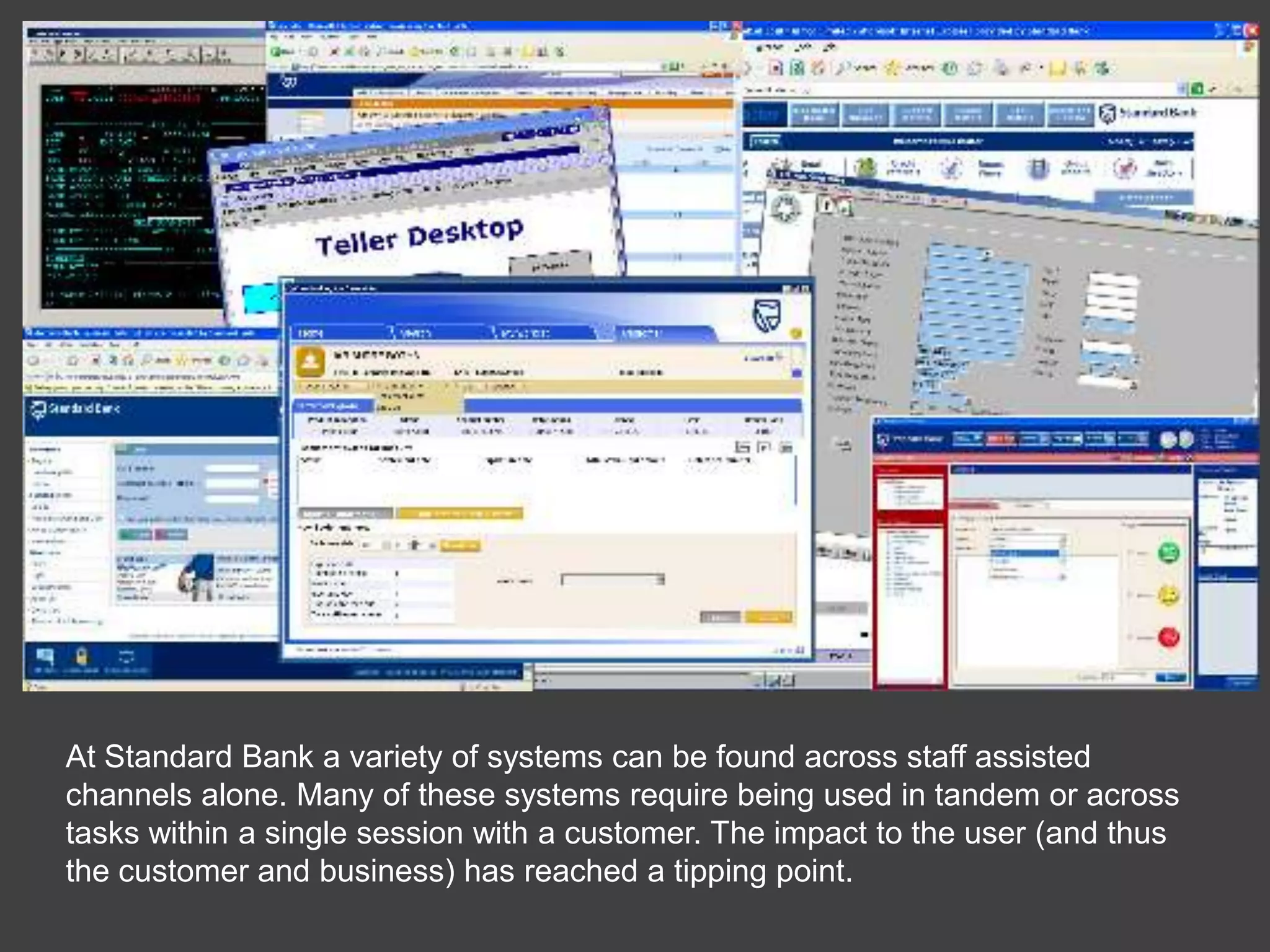 At Standard Bank a variety of systems can be found across staff assisted channels alone. Many of these systems require being used in tandem or across tasks within a single session with a customer. The impact to the user (and thus the customer and business) has reached a tipping point. 