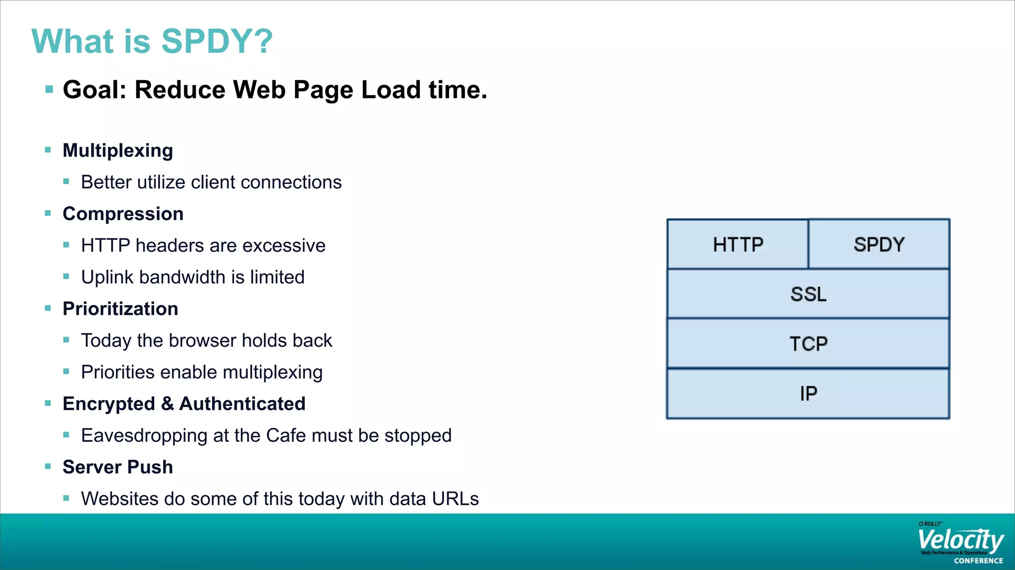 What is SPDY?
 Goal: Reduce Web Page Load time.

 Multiplexing
   Better utilize client connections
 Compression
   HTTP headers are excessive
   Uplink bandwidth is limited
 Prioritization
   Today the browser holds back
   Priorities enable multiplexing
 Encrypted & Authenticated
   Eavesdropping at the Cafe must be stopped
 Server Push
   Websites do some of this today with data URLs
 
