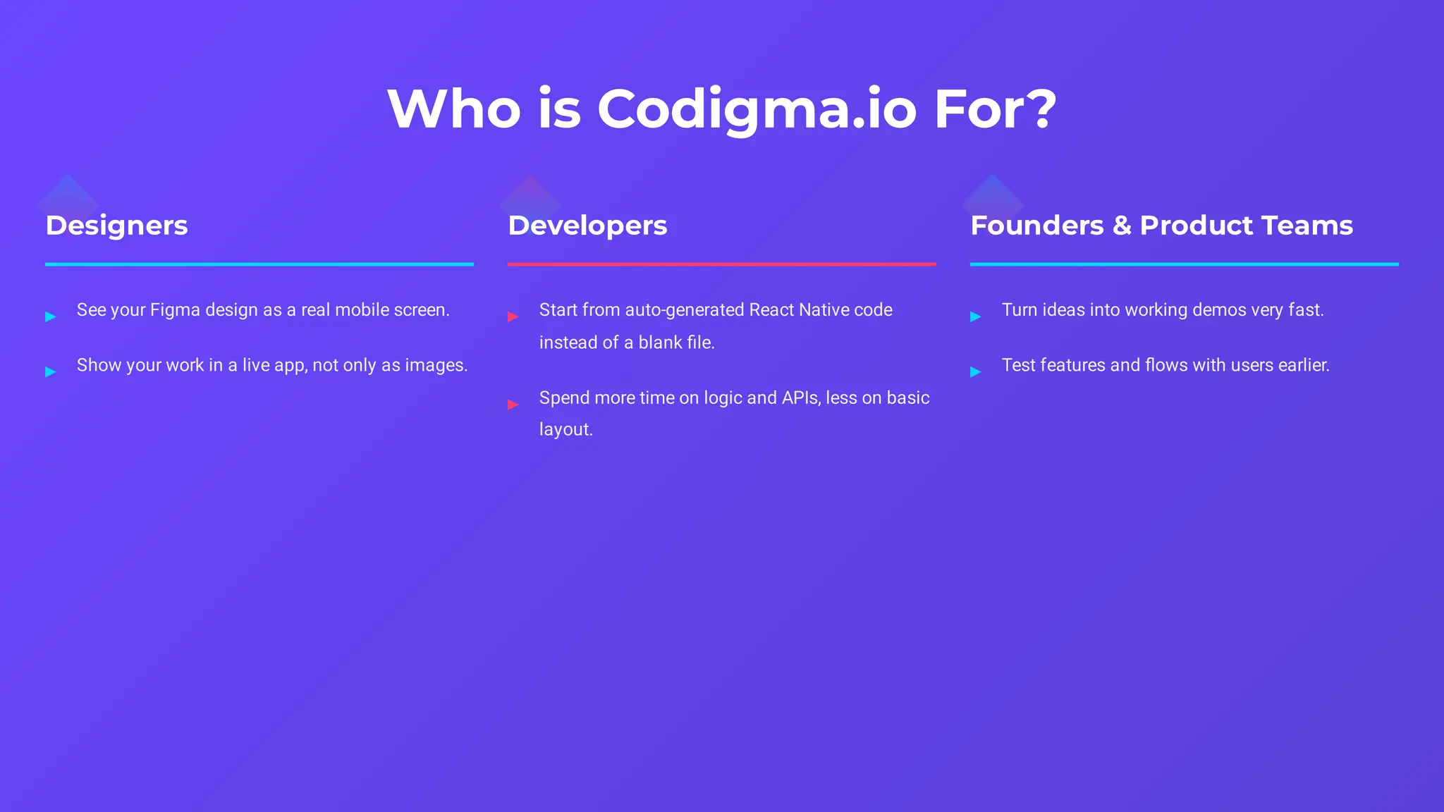 Who is Codigma.io For?
Designers
See your Figma design as a real mobile screen.
▸
Show your work in a live app, not only as images.
▸
Developers
Start from auto-generated React Native code
instead of a blank file.
▸
Spend more time on logic and APIs, less on basic
layout.
▸
Founders & Product Teams
Turn ideas into working demos very fast.
▸
Test features and flows with users earlier.
▸
 