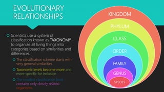 EVOLUTIONARY
RELATIONSHIPS
 Scientists use a system of
classification known as TAXONOMY
to organize all living things into
categories based on similarities and
differences.
 The classification scheme starts with
very general similarities
 Taxonomic levels become more and
more specific for inclusion
 The smallest classification level
contains only closely related
organisms.
KINGDOM
PHYLUM
CLASS
ORDER
FAMILY
GENUS
SPECIES
 