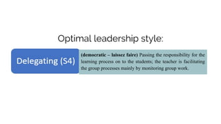 Optimal leadership style:
(democratic – laissez faire) Passing the responsibility for the
learning process on to the students; the teacher is facilitating
the group processes mainly by monitoring group work.
 