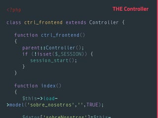 <?php 
 
class ctrl_frontend extends Controller { 
 
function ctrl_frontend() 
{ 
parent::Controller();  
if (!isset($_SESSION)) { 
session_start(); 
} 
} 
 
function index() 
{ 
$this->load-
>model('sobre_nosotros','',TRUE); 
 
THE Controller
 