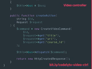 { 
$this->bus = $bus; 
} 
 
public function createAction( 
string $id, 
Request $request 
) { 
$command = new CreateVideoCommand( 
$id, 
$request->get('title'), 
$request->get('url'), 
$request->get('course_id') 
); 
 
$this->bus->dispatch($command); 
 
return new HttpCreatedResponse(); 
} 
} 
Video controller
bit.ly/codelytv-video-ctrl
 