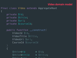 final class Video extends AggregateRoot 
{ 
private $id; 
private $title; 
private $url; 
private $courseId; 
 
public function __construct( 
VideoId $id, 
VideoTitle $title, 
VideoUrl $url, 
CourseId $courseId 
) 
{ 
$this->id = $id; 
$this->title = $title; 
Video domain model
 