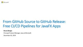 From GitHub Source to GitHub Release:
Free CI/CD Pipelines for JavaFX Apps
Bruno Borges
Principal Product Manager, Java at Microsoft
December 02, 2019
 