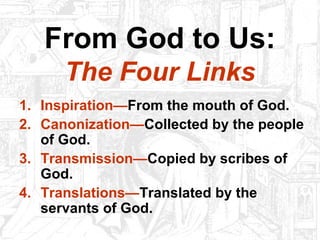 From God to Us:
The Four Links
1. Inspiration—From the mouth of God.
2. Canonization—Collected by the people
of God.
3. Transmission—Copied by scribes of
God.
4. Translations—Translated by the
servants of God.
 