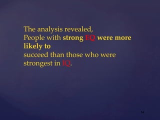 14
The  analysis  revealed,	
People  with  strong  EQ  were  more  
likely  to	
succeed  than  those  who  were  
strongest  in  IQ.	
	
 