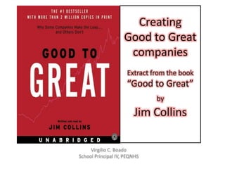 Virgilio C. Boado
School Principal IV, PEQNHS
Creating
Good to Great
companies
Extract from the book
“Good to Great”
by
Jim Collins
 
