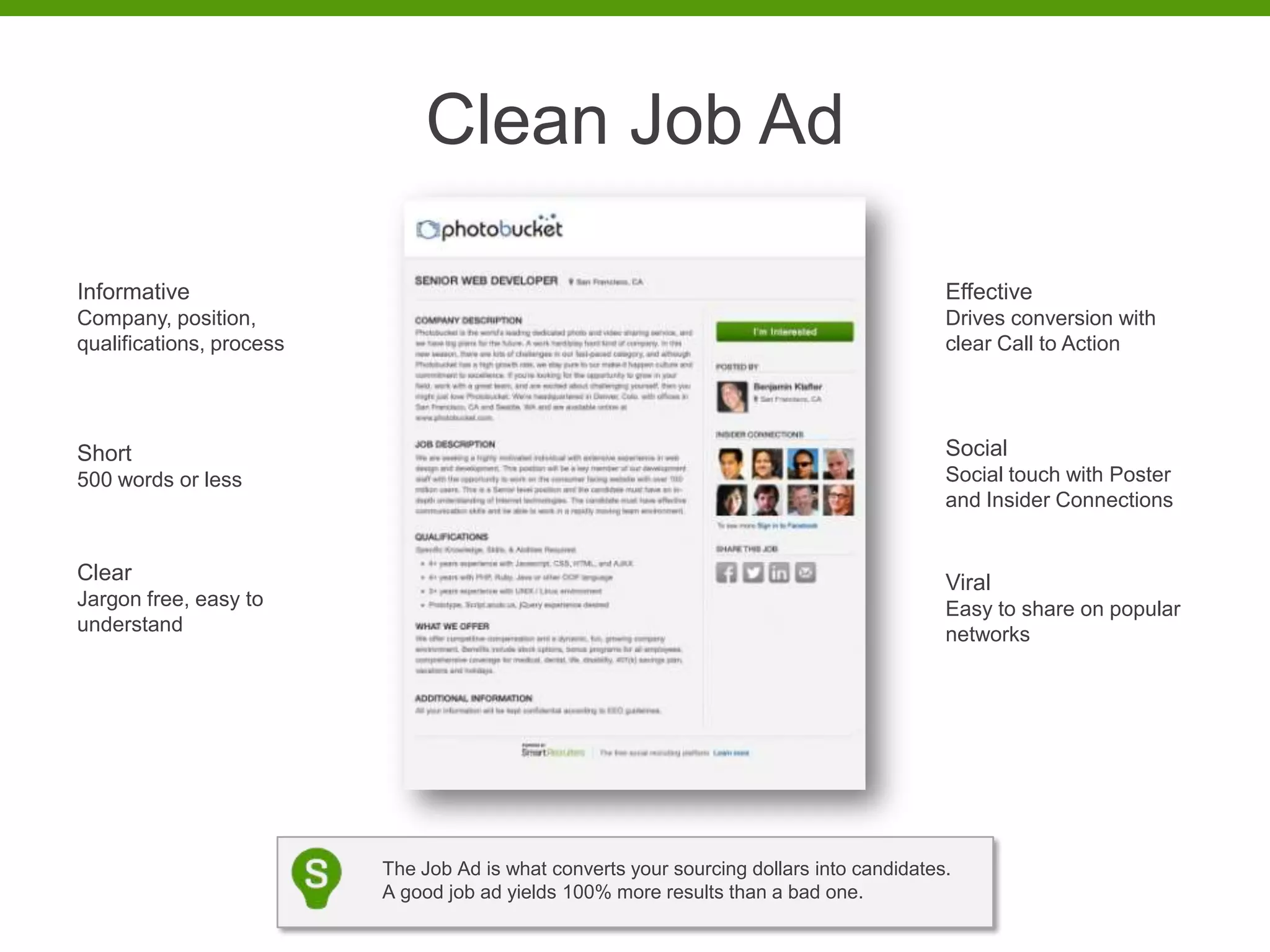Clean Job Ad

Informative                                                                                Effective
Company, position,                                                                         Drives conversion with
qualifications, process                                                                    clear Call to Action




Short                                                                                      Social
500 words or less                                                                          Social touch with Poster
                                                                                           and Insider Connections


Clear                                                                                      Viral
Jargon free, easy to                                                                       Easy to share on popular
understand                                                                                 networks




                          The Job Ad is what converts your sourcing dollars into candidates.
                          A good job ad yields 100% more results than a bad one.
 
