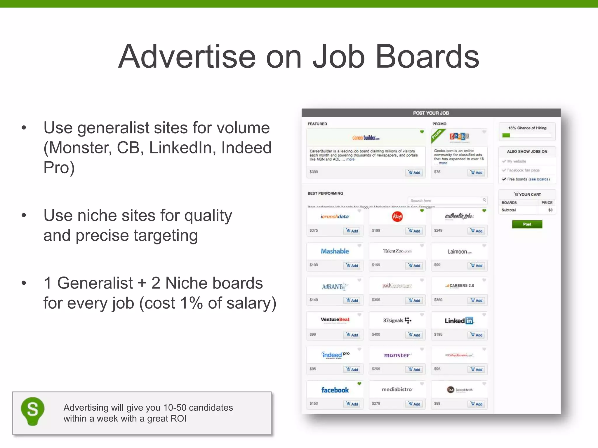 Advertise on Job Boards
• Use generalist sites for volume
  (Monster, CB, LinkedIn, Indeed
  Pro)

• Use niche sites for quality
  and precise targeting

• 1 Generalist + 2 Niche boards
  for every job (cost 1% of salary)




     Advertising will give you 10-50 candidates
     within a week with a great ROI
 