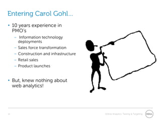 Entering Carol Gohl…10 years experience in PMO’s Information technology deploymentsSales force transformationConstruction and infrastructureRetail salesProduct launchesBut, knew nothing about web analytics!14