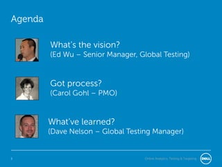 Agenda2What’s the vision?(Ed Wu – Senior Manager, Global Testing)Got process?(Carol Gohl – PMO)What’ve learned?(Dave Nelson – Global Testing Manager)