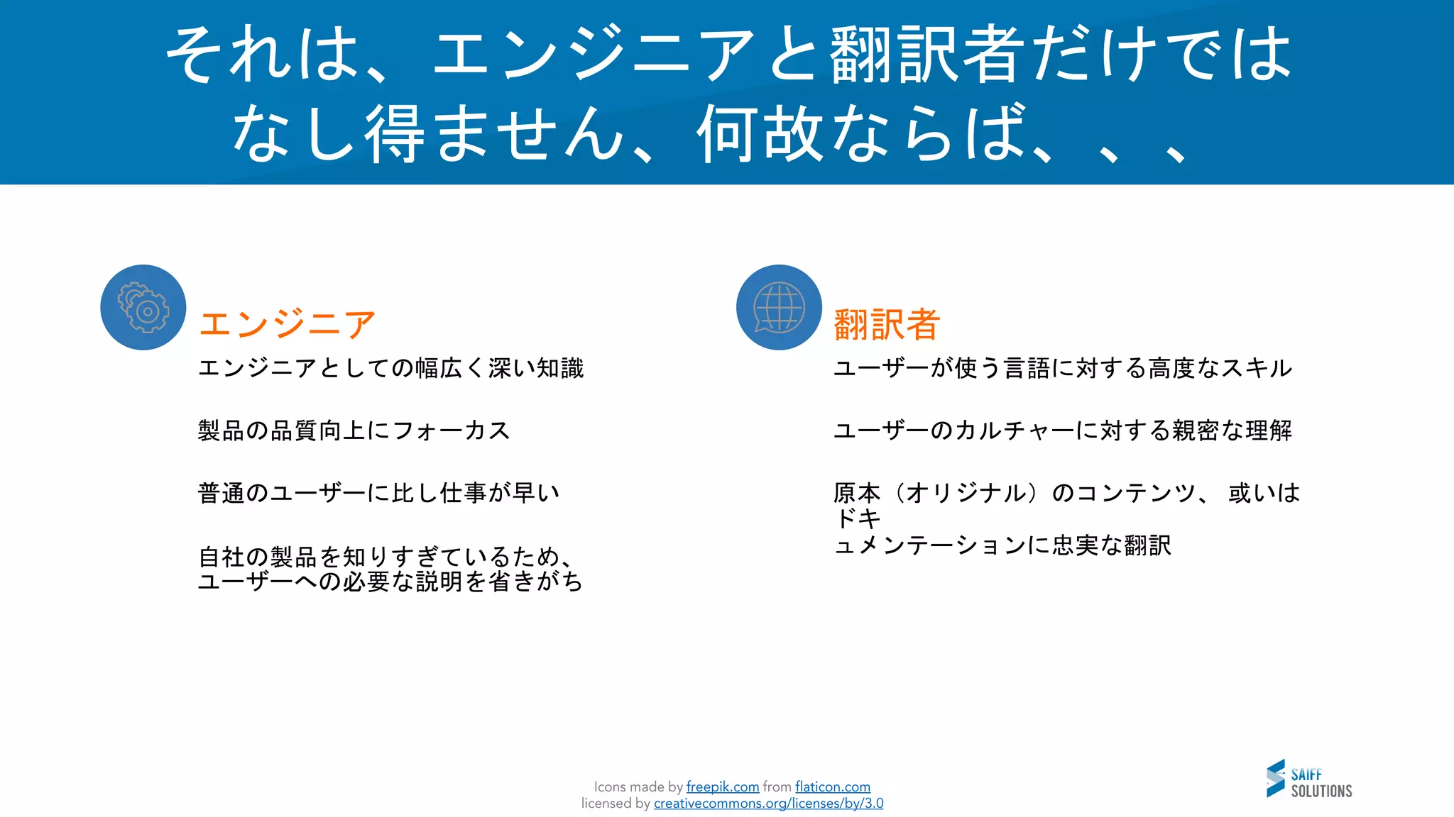 Vision
エンジニア
エンジニアとしての幅広く深い知識
製品の品質向上にフォーカス
普通のユーザーに比し仕事が早い
自社の製品を知りすぎているため、
ユーザーへの必要な説明を省きがち
翻訳者
ユーザーが使う言語に対する高度なスキル
ユーザーのカルチャーに対する親密な理解
原本（オリジナル）のコンテンツ、 或いは
ドキ
ュメンテーションに忠実な翻訳
それは、エンジニアと翻訳者だけでは
なし得ません、何故ならば、、、
 
