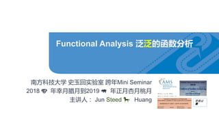 Functional Analysis 泛泛的函数分析
南方科技大学 史玉回实验室 跨年Mini Seminar
2018 🐶 年幸月腊月到2019 🐖 年正月杏月桃月
主讲人： Jun Steed 🐎 Huang 资格证
📕
 