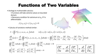 Functions of Two Variables
? Analogy to multivariable calculus:
? Functions still take extreme values on bounded
domain.
? Necessary condition for extremum at x0, if f is
differentiable:
? ? ? ?0 0 0 0, , 0x yf x y f x y? ?
? Calculus of variations method similar:
? ?, , , ,x y
D
I F x y u u u dxdy? ?? ? ? ? ? ? ?, , ,w x y u x y v x y?? ?
? ? ? ?, , , ,
yx
x y
x yD D
wwdI d F w F F
F x y w w w dxdy dxdy
d d w w w
?
? ? ? ? ?
? ???? ? ? ?
? ? ? ?? ?? ?? ? ? ? ? ?? ?
?? ??
0x y
x yD D D
F F F
vdxdy v dxdy v dxdy
u u u
? ? ?
? ? ?
? ? ??? ?? ??
0
x yD
F d F d F
vdxdy
u dx u dy u
? ?? ?? ?? ? ?
? ? ?? ?? ?? ? ? ?? ? ?? ?? ? ? ?? ?
?? x y
F d F d F
u dx u dy u
? ?? ?? ? ?
? ? ? ?? ?
? ? ?? ?? ? ? ?
 