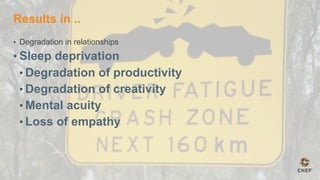 Results in ..
•  Degradation in relationships
• Sleep deprivation
• Degradation of productivity
• Degradation of creativity
• Mental acuity
• Loss of empathy
 