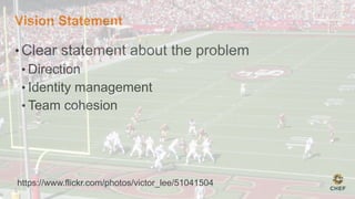 Vision Statement
• Clear statement about the problem
• Direction
• Identity management
• Team cohesion
https://www.flickr.com/photos/victor_lee/51041504
 
